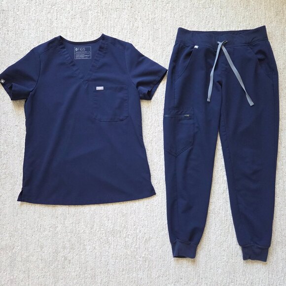 FIGS Scrub Set Women Navy Blue Catarina Top Small Zamora Jogger Pants Petite XS - Picture 1 of 16